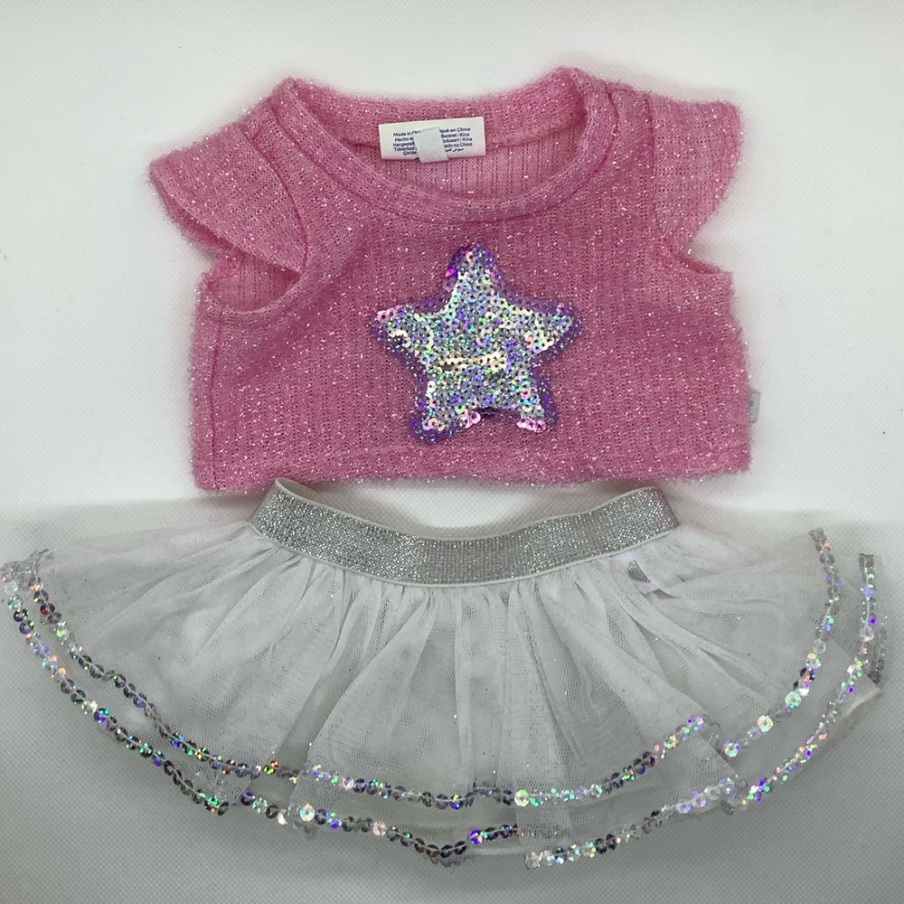 Build A Bear Pink Sequin Star Top and White Tulle Tutu Skirt Set Silver Squins